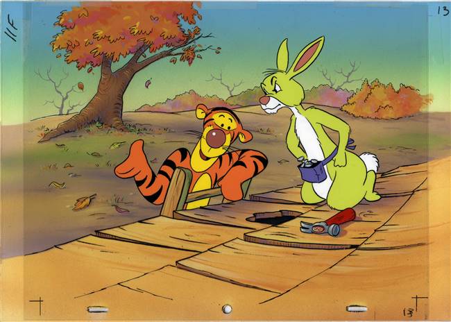 Original production cel and production background of Tigger and Rabbit